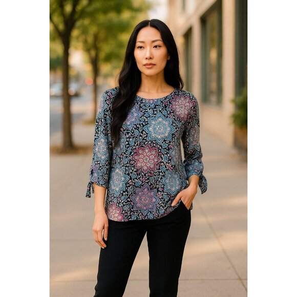 Croft & Barrow Womens Small Floral Print 3/4 Tie Sleeve Blouse - Picture 13 of 14